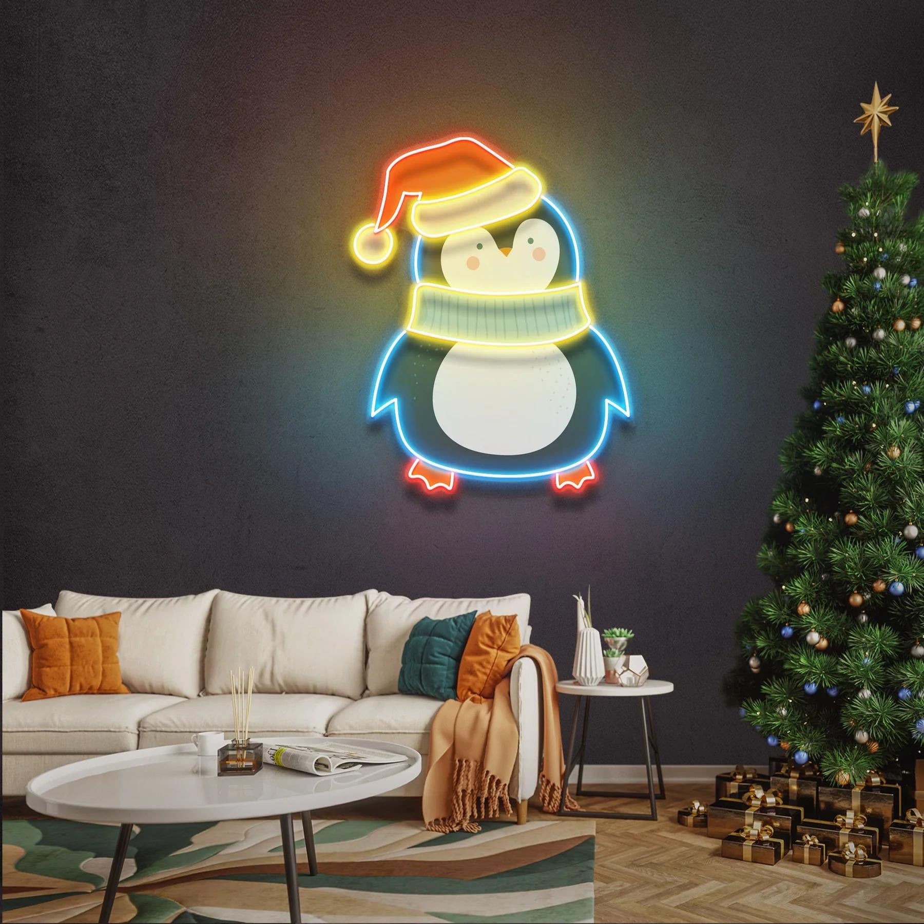 Modern Neon Lamp with Hat and Penguin Figure