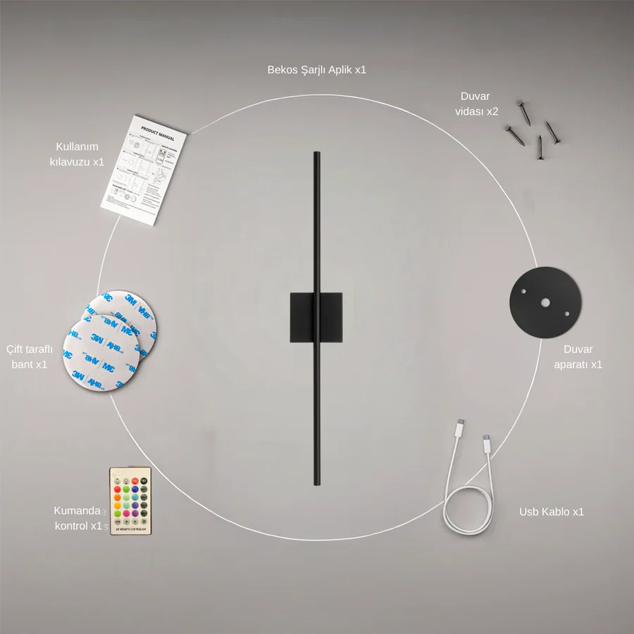 Duvara Yansımalı Şarjlı LED Siyah Aplik RGB | ByLamp