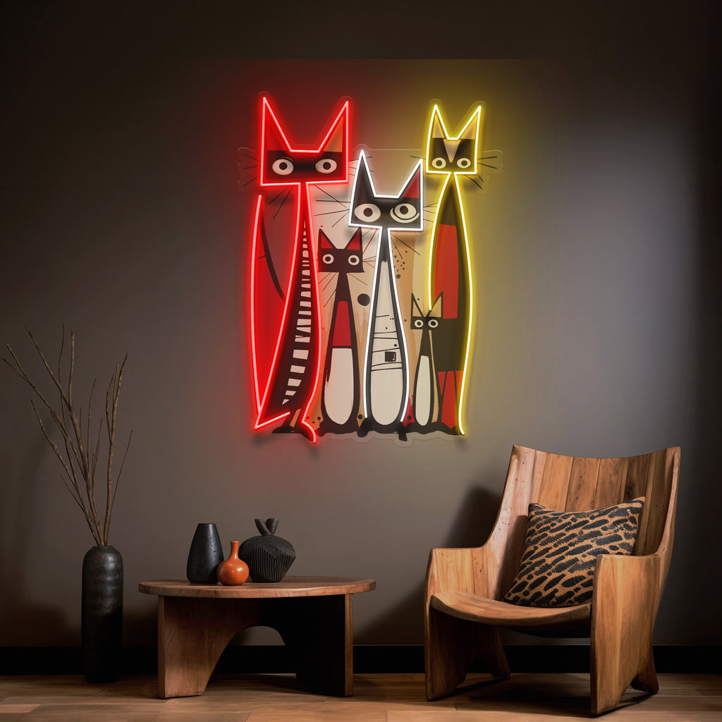 Soyut Kedi Ailesi Neon Lamba | ByLamp