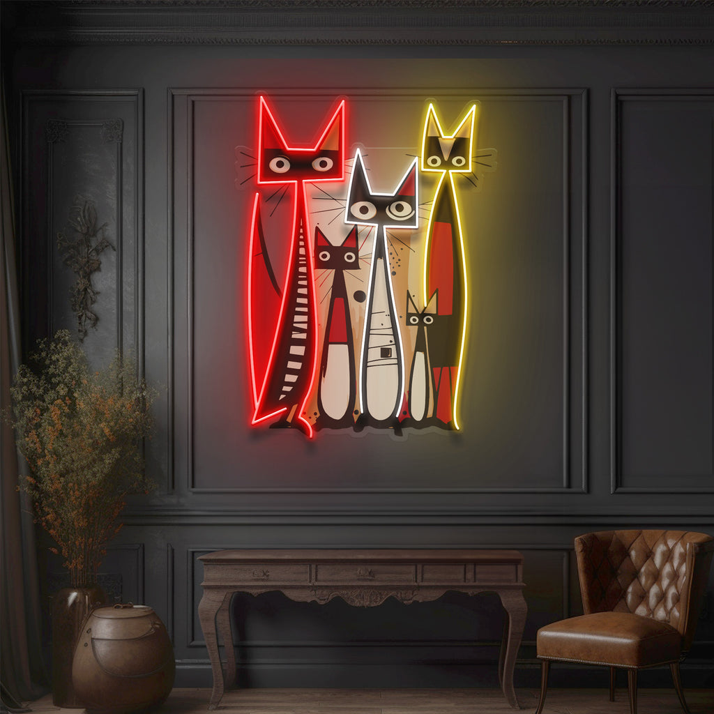 Soyut Kedi Ailesi Neon Lamba | ByLamp