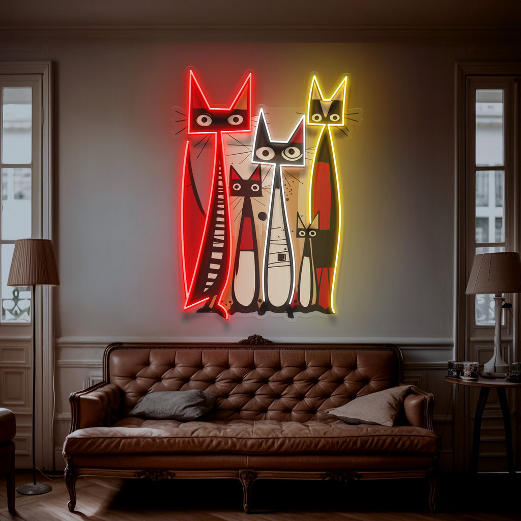 Soyut Kedi Ailesi Neon Lamba | ByLamp