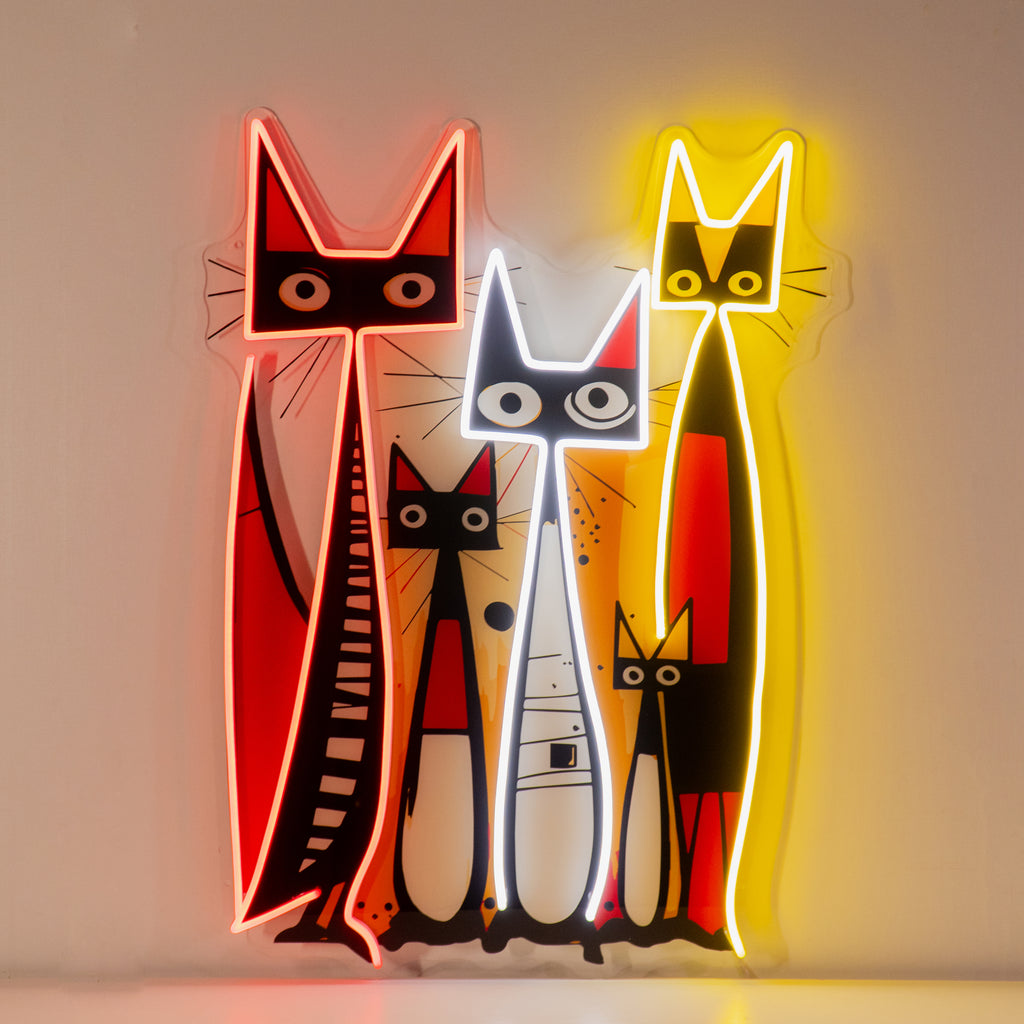 Soyut Kedi Ailesi Neon Lamba | ByLamp