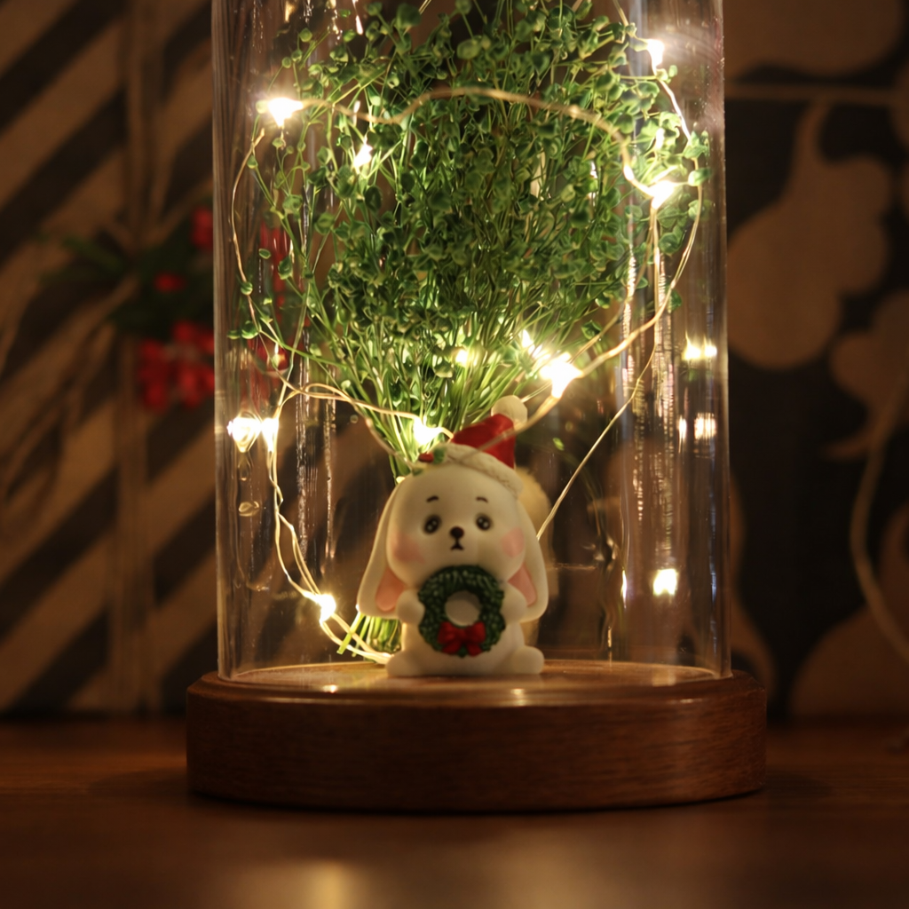 Işıklı Fanus Tavşancık ve Çiçek Figürlü Lamba