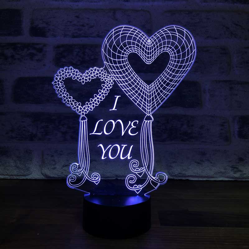 3-D two heart balloons I love you LED lamp