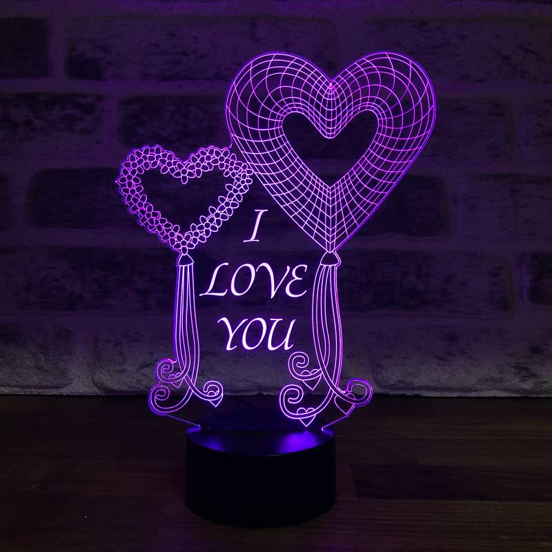 3-D two heart balloons I love you LED lamp