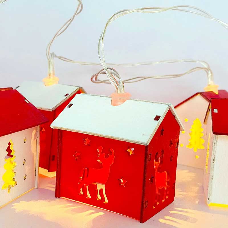 Wooden red white house light chain