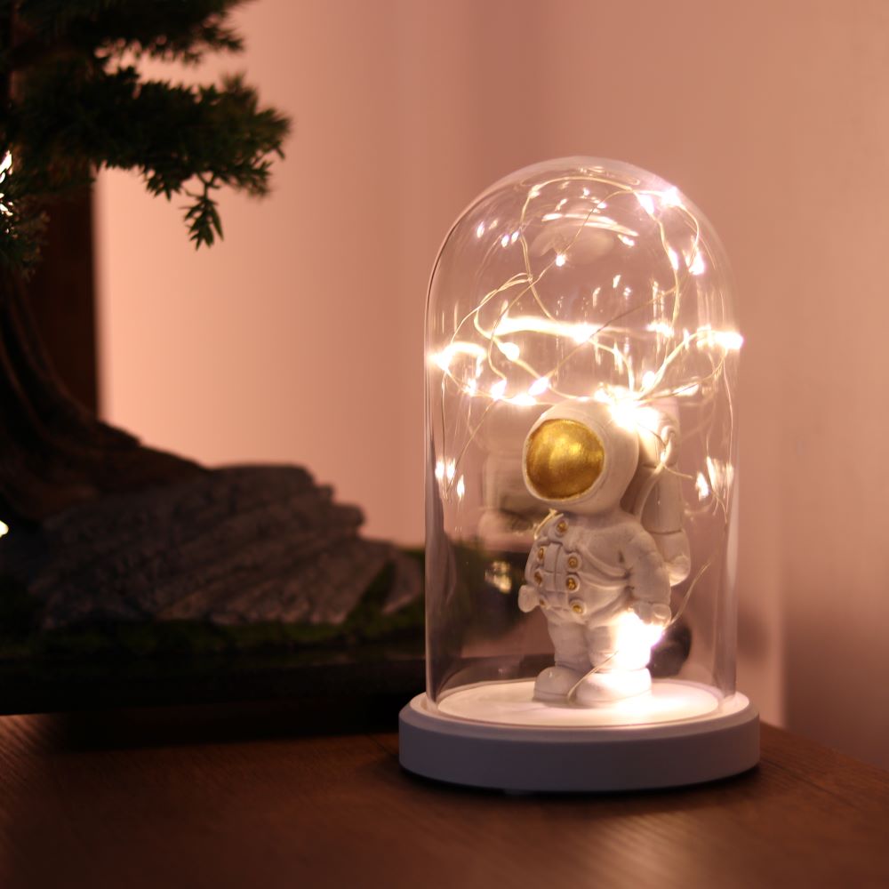 Illuminated Glass Fanus Gold Astronaut Figure Lamp