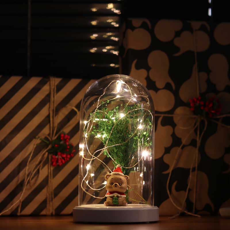 Illuminated Glass Fanus Teddy Bear and Flower Figured Lamp