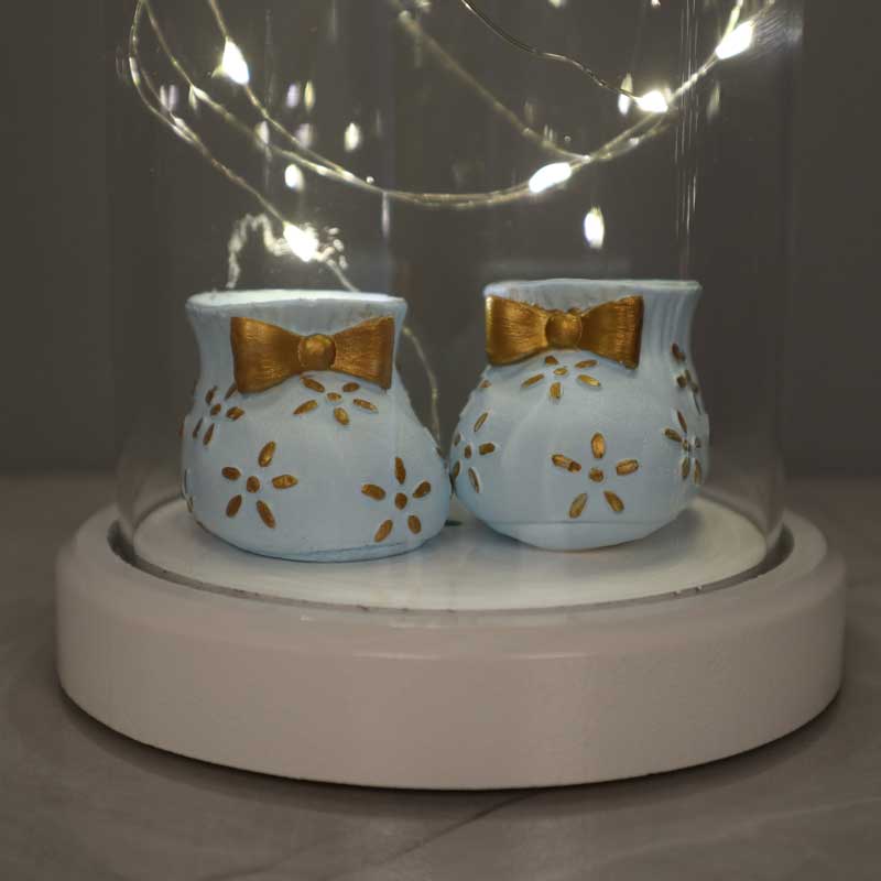 Lámpara de figura de bota de bebé azul Fanus de vidrio iluminado