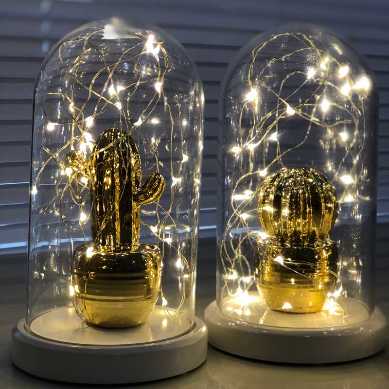 Illuminated Glass Fanus Gold Chubby Cactus Figure Lamp