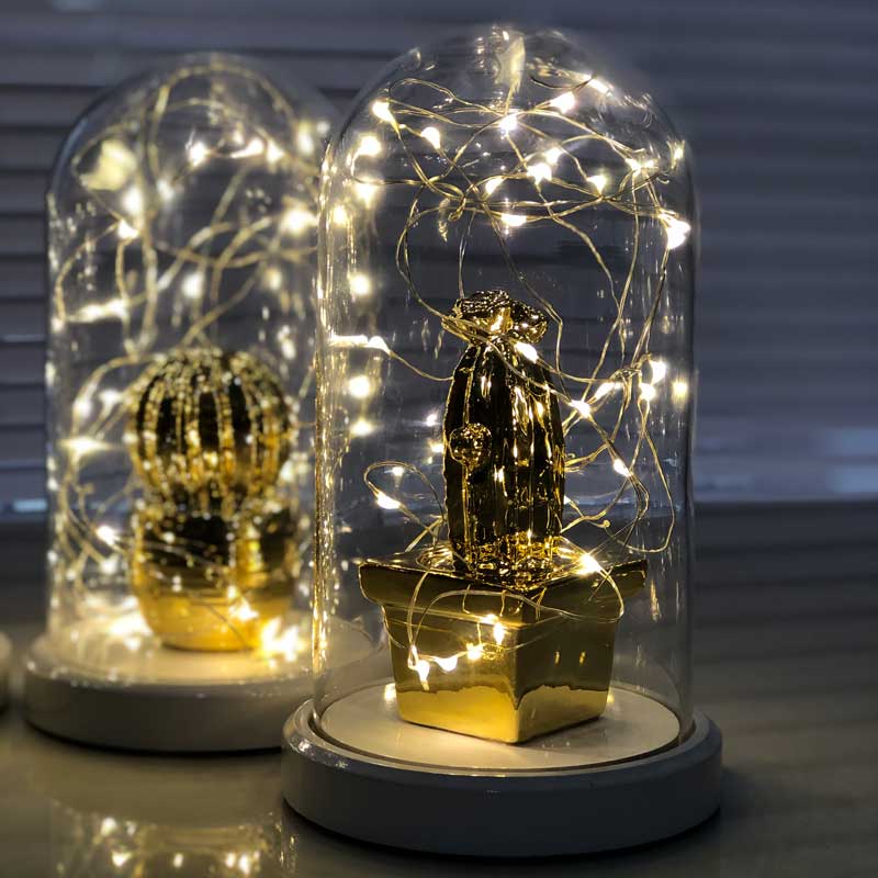 Illuminated Glass Fanus Gold Square Cactus Figured Lamp
