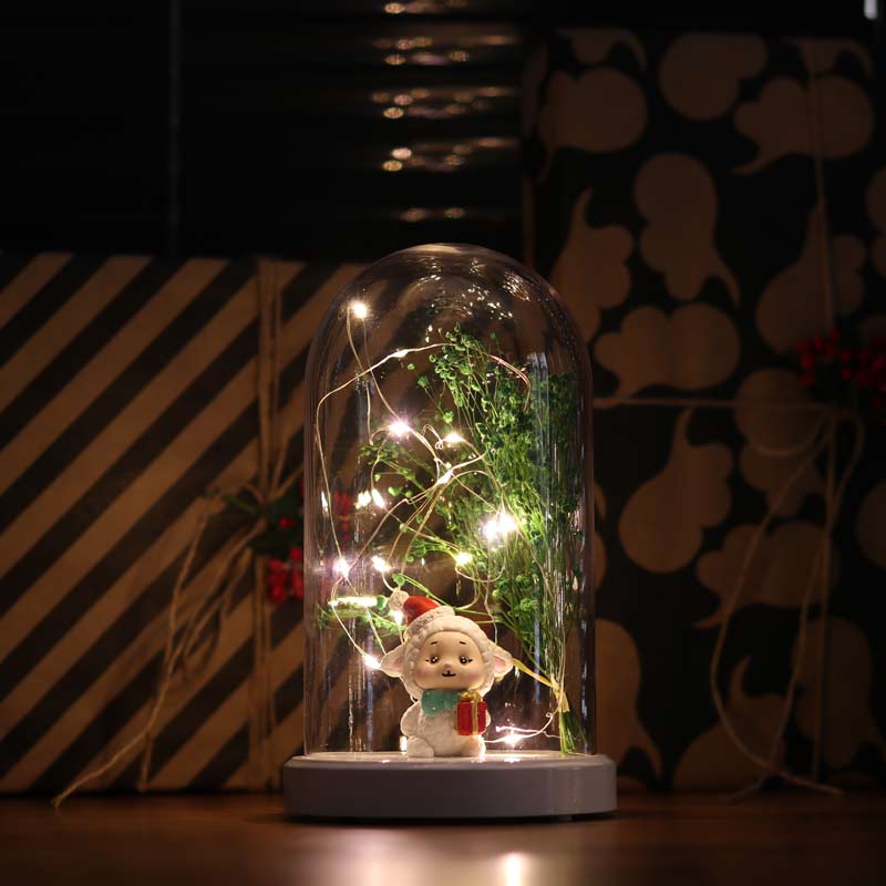 Illuminated Glass Fanus Lamp and Flower Figured Lamp