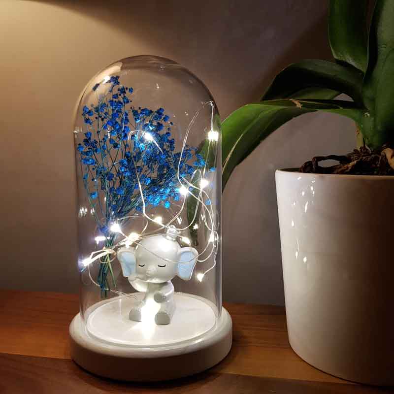 Illuminated Glass Fanus Blue Ear Elephant Figured Lamp