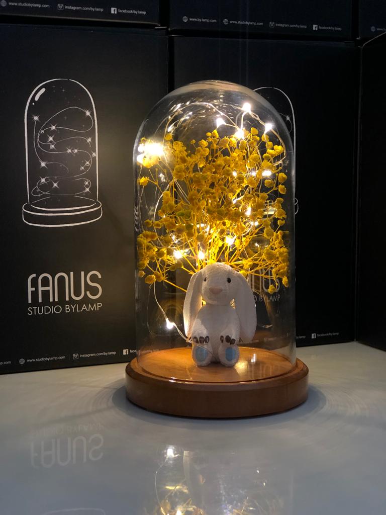 Illuminated Glass Fanus Blue Rabbit and Flower Figured Lamp