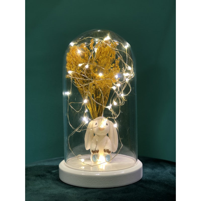 Illuminated Glass Fanus Blue Rabbit and Flower Figured Lamp