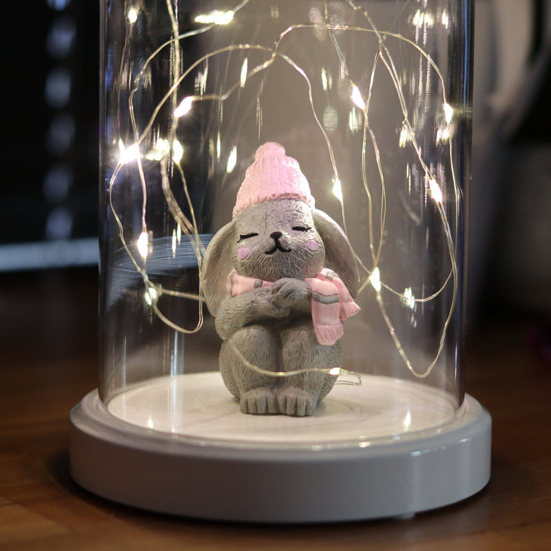 Illuminated Glass Fanus Pink Hat Rabbit Figure Lamp