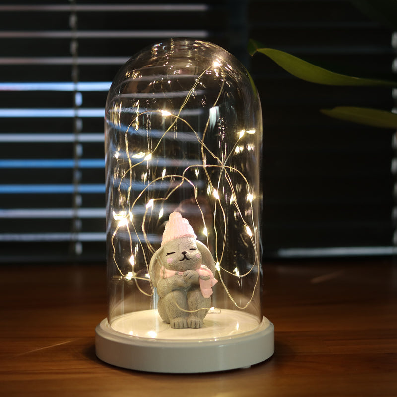 Lámpara de figura de conejo de sombrero rosa Fanus de vidrio iluminado