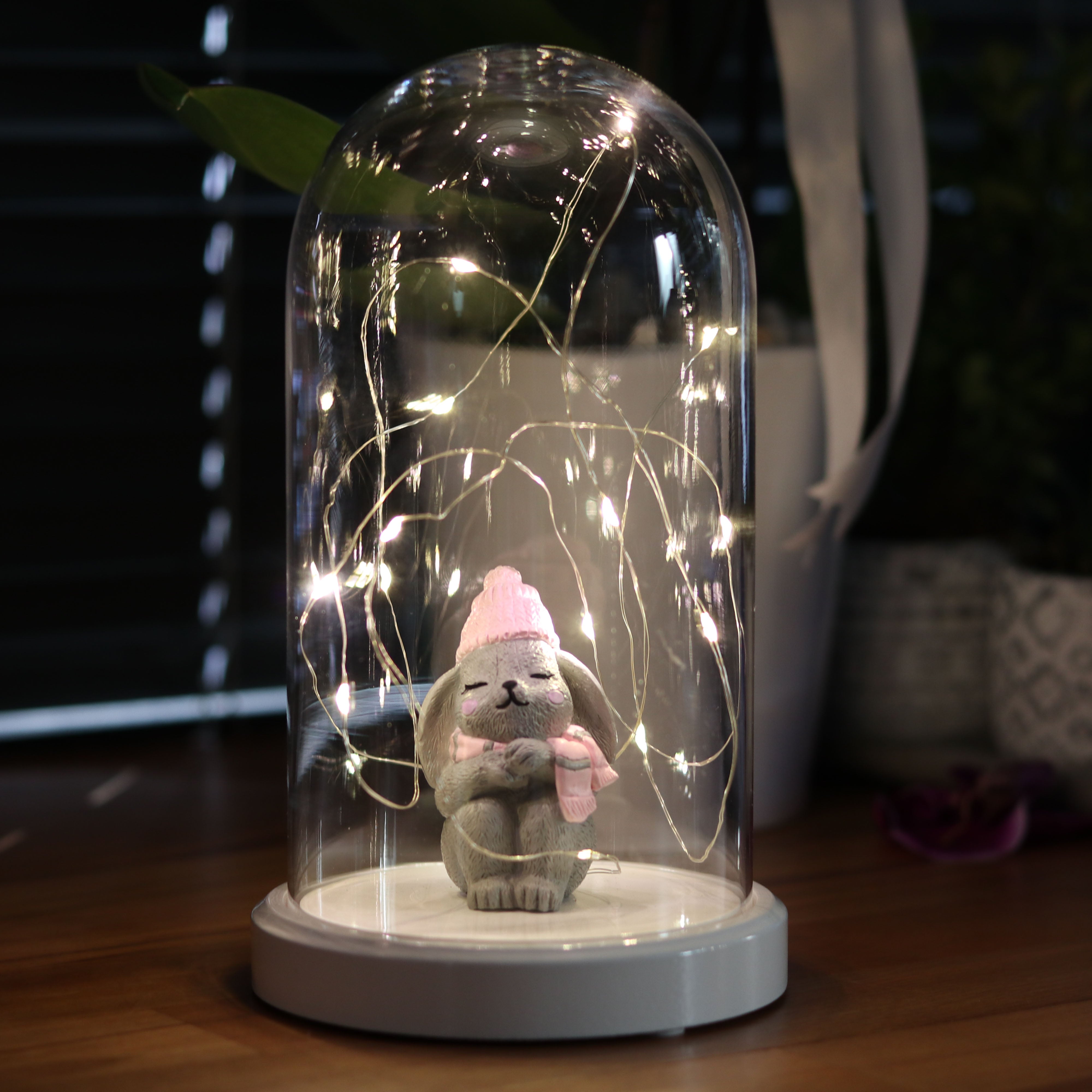 Illuminated Glass Fanus Pink Hat Rabbit Figure Lamp