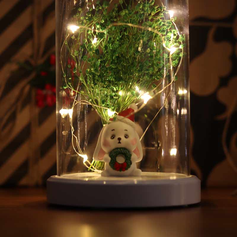 Illuminated Glass Fanus Bunny and Flower Figured Lamp