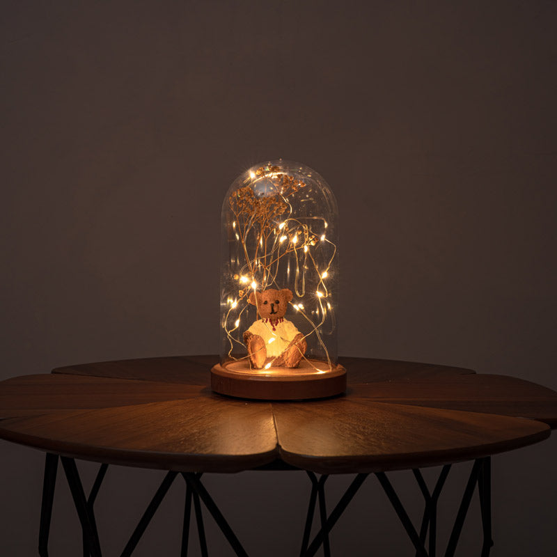 Illuminated Glass Fanus Bear and Flower Figured Lamp