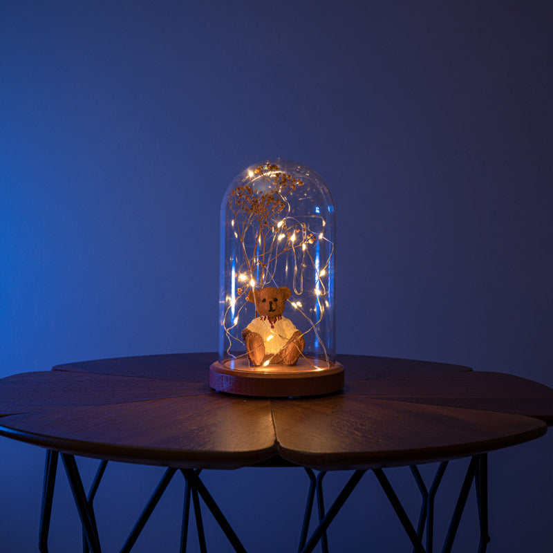 Illuminated Glass Fanus Bear and Flower Figured Lamp