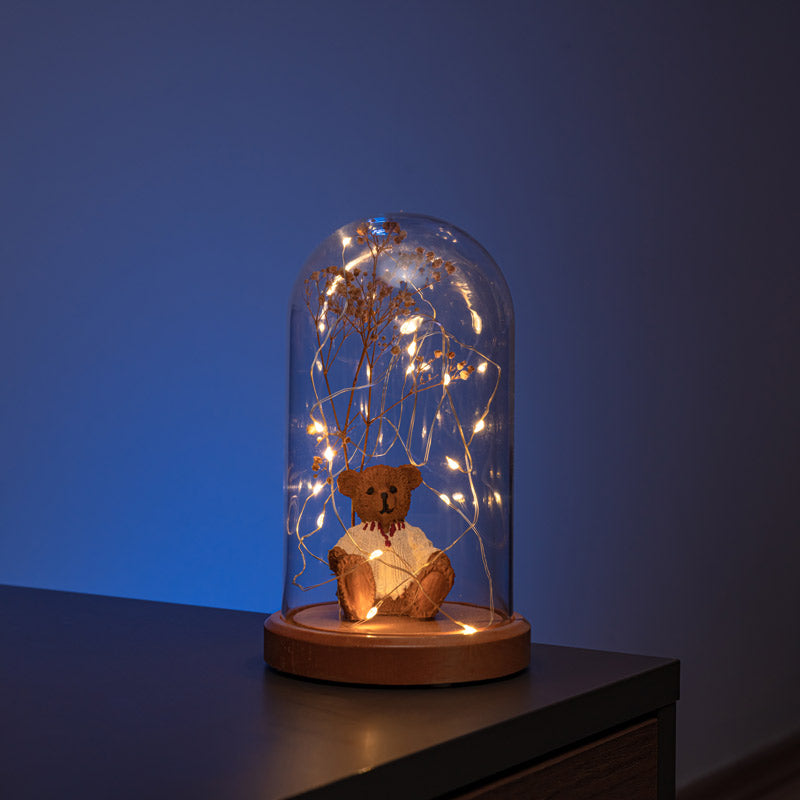 Illuminated Glass Fanus Bear and Flower Figured Lamp