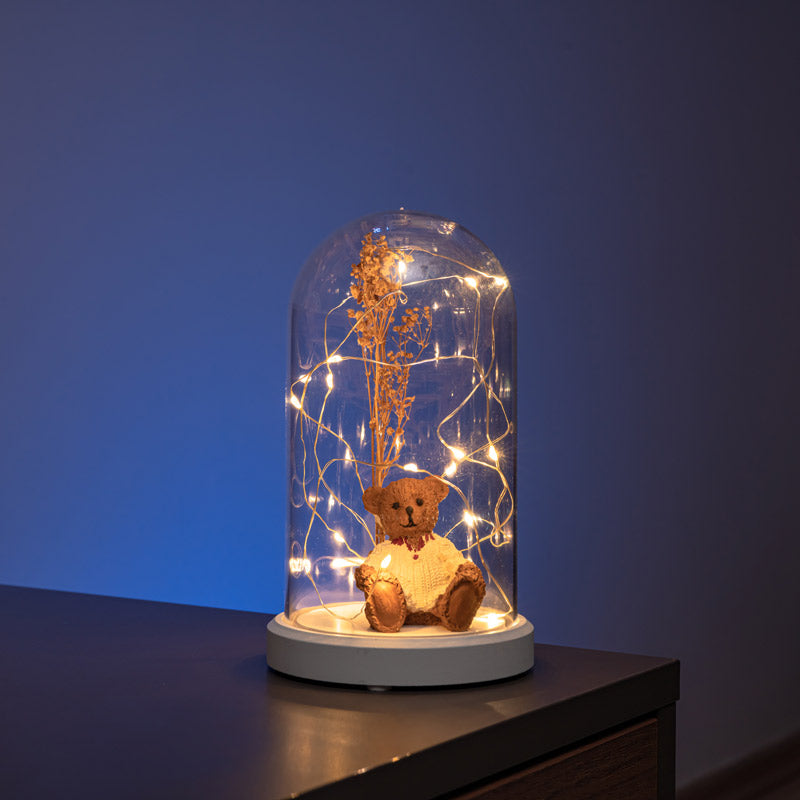 Illuminated Glass Fanus Bear and Flower Figured Lamp (White Base)
