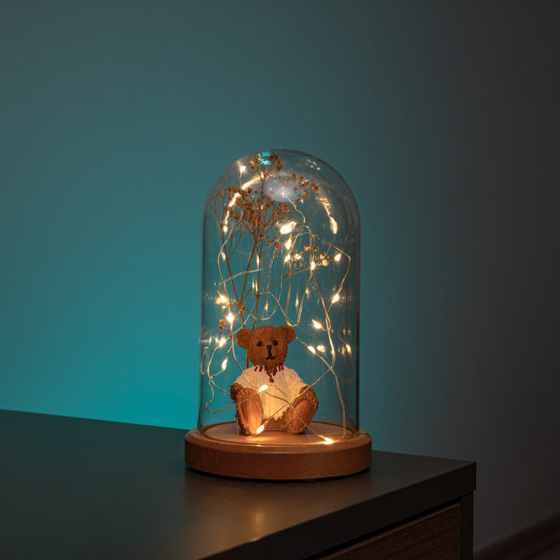 Illuminated Glass Fanus Bear and Flower Figured Lamp