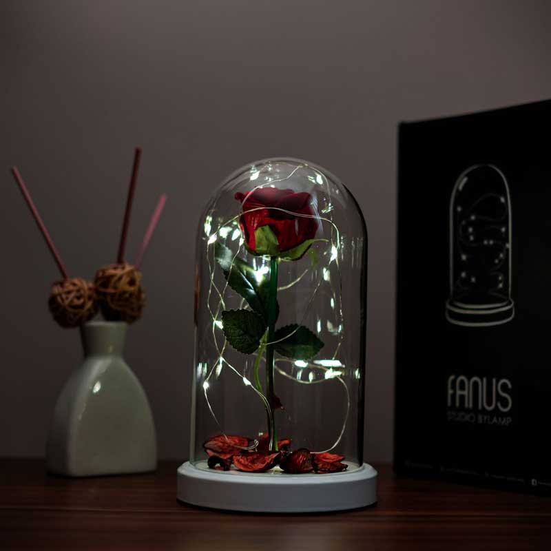 Rosa roja iluminada vidrio Fanus led lámpara de mesa
