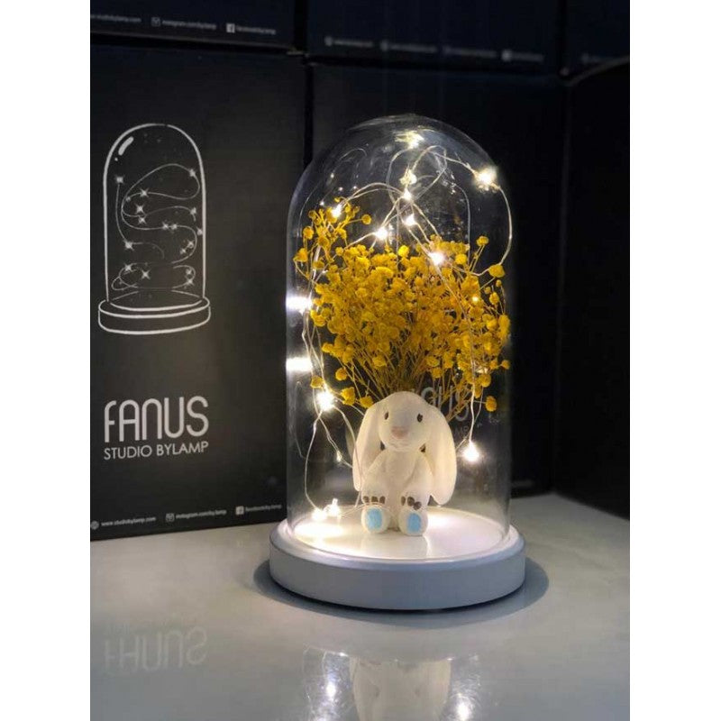 Illuminated Glass Fanus Blue Rabbit and Flower Figured Lamp
