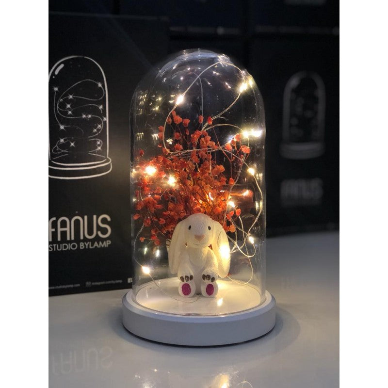 Illuminated Glass Fanus Pink Rabbit and Flower Figured Lamp