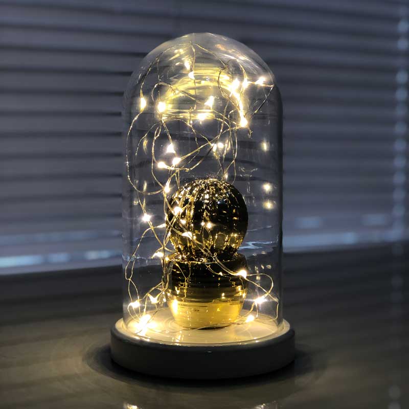 Illuminated Glass Fanus Gold Chubby Cactus Figure Lamp